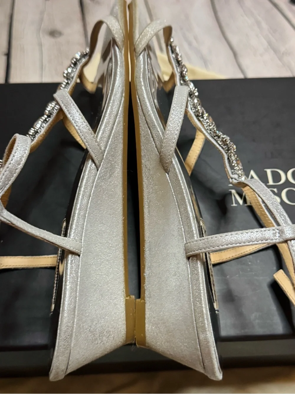 Badgley Mischka Carley II Silver Crystal T-Strap Wedge Sandals Size 7.5